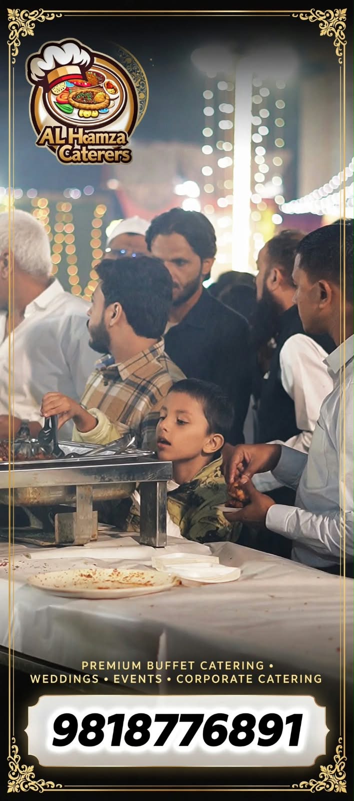 Guests serving themselves at a night buffet by Al-Hamza Caterers